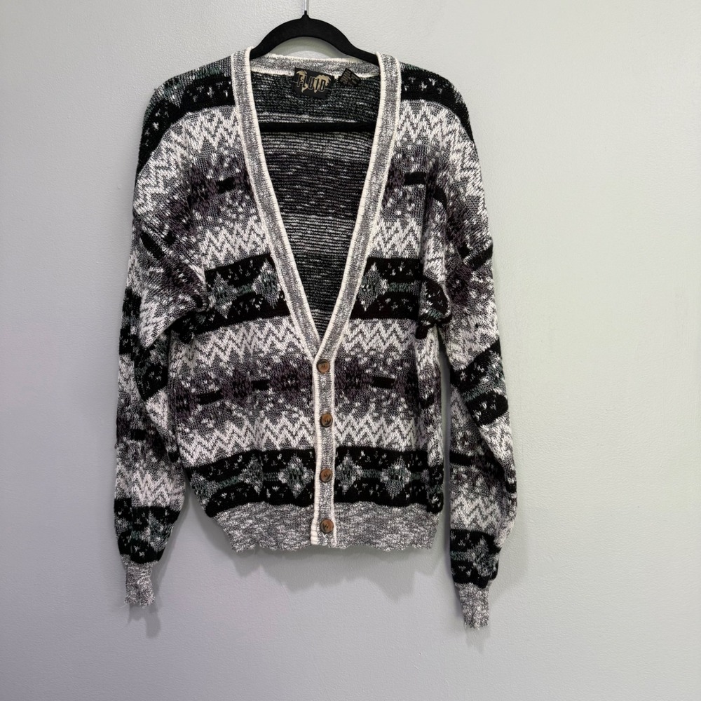 Vintage Fluid Mens XL Cardigan Sweater Geometric‎ Fair Isle Knit cobain grunge